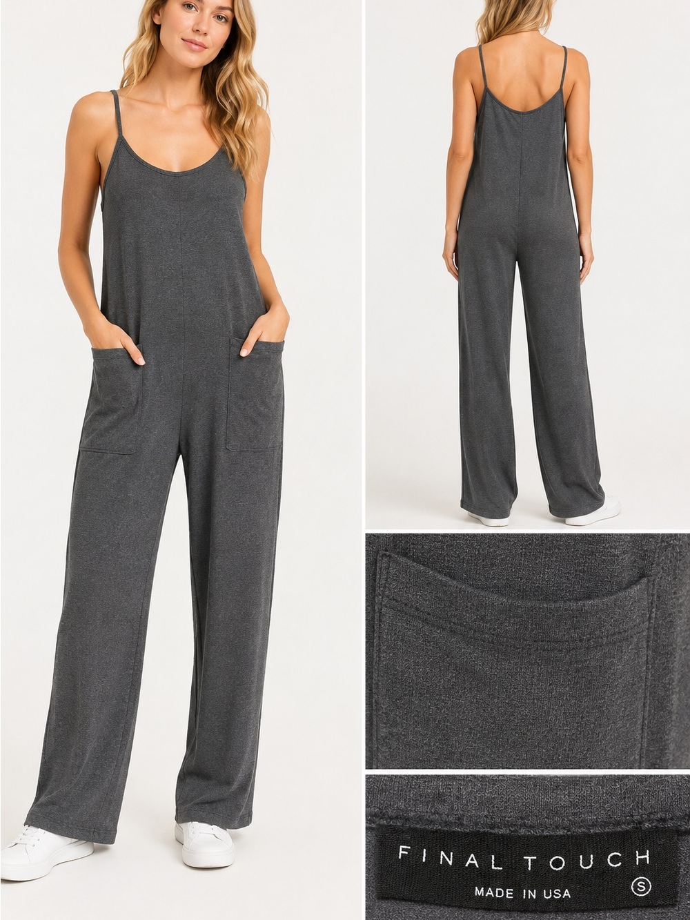 Final Touch Gray Knit Pocket Jumpsuit Size Small Made in USA